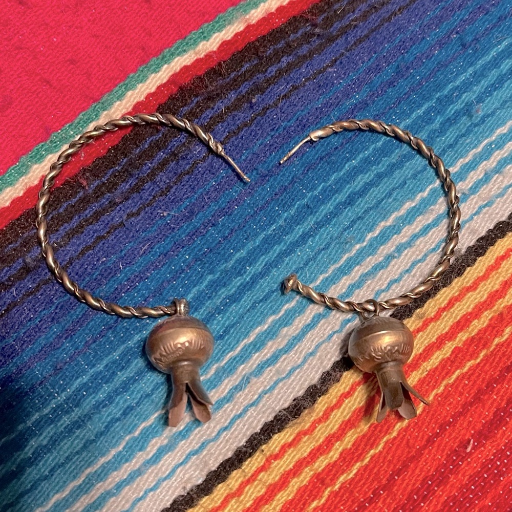 Authentic sterling silver Navajo squash blossom hoop earrings- Heritage Style